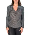 24seven Comfort Apparel Women's Cowl Neck Long Sleeve Shimmery Fabric Top In Sliver