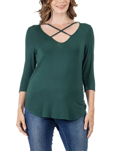 24seven Comfort Apparel Women's Criss Cross Round Hemline Tunic Top In Hunter