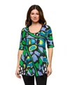 24seven Comfort Apparel Blue Butterfly Print Elbow Sleeve Casual Tunic Top In Green Mult