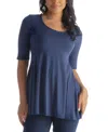 24seven Comfort Apparel Petite Elbow Sleeve Swing Crew Neck Tunic Top In Blue