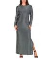 24seven Comfort Apparel Women's Fitted Long Sleeve Shimmery Side Slit Maxi Dress In Sliver