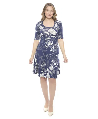 24seven Comfort Apparel Womens Floral Scoop Neck Elbow Sleeve Knee Length A-line Flared Dress In Blue