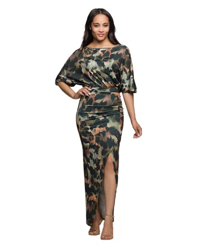 24SEVEN COMFORT APPAREL WOMEN'S GREEN ABSTRACT PRINT BATWING SLEEVE MAXI DRESS