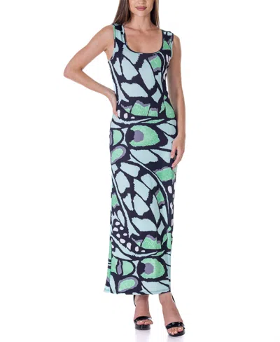 24seven Comfort Apparel Women's Green Butterfly Print Casual Razorback Tank Maxi Dress In Miscellane