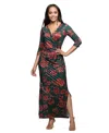 24seven Comfort Apparel Floral Print Three Quarter Sleeve Side Slit Maxi Dress In Green