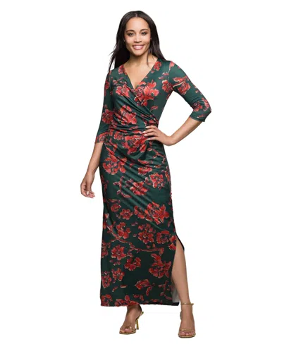 24seven Comfort Apparel Floral Print Three Quarter Sleeve Side Slit Maxi Dress In Green