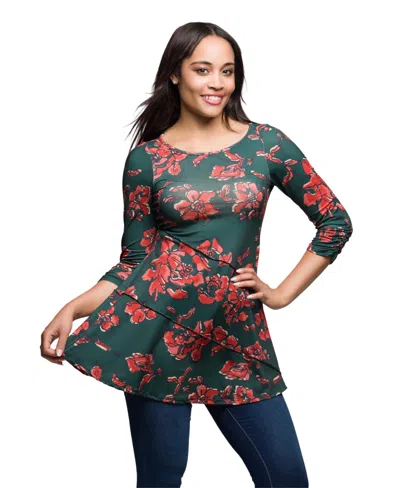 24SEVEN COMFORT APPAREL WOMEN'S GREEN FLORAL PRINT THREE QUARTER SLEEVE TUNIC TOP
