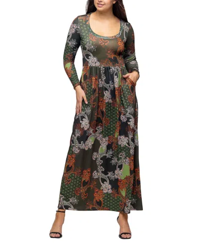 24seven Comfort Apparel Women's Green Long Sleeve Empire Waist Pocket Maxi Dress In Green Multi