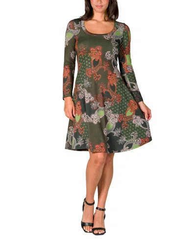 24seven Comfort Apparel Women's Green Paisley Print Long Sleeve Knee Length Dress In Green Multi
