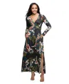 24seven Comfort Apparel Women's Green Paisley Print Long Sleeve Wrap Maxi Dress In Black