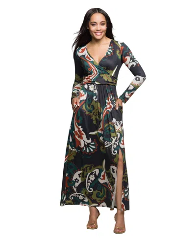 24SEVEN COMFORT APPAREL WOMEN'S GREEN PAISLEY PRINT LONG SLEEVE WRAP MAXI DRESS