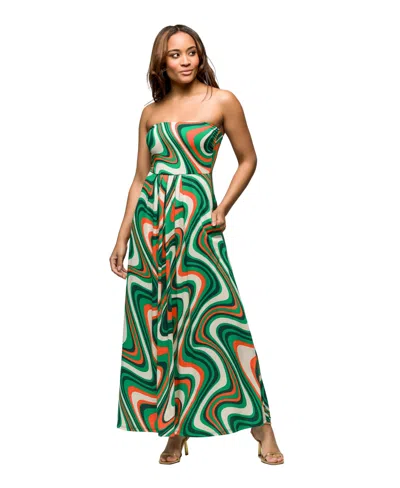 24SEVEN COMFORT APPAREL WOMEN'S GREEN PRINT A LINE STRAPLESS MAXI DRESS WITH POCKETS