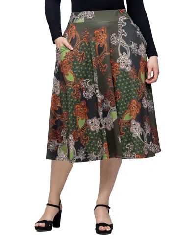 24seven Comfort Apparel Women's Green Print Elastic Waist Pocket Midi Skirt In Green Multi