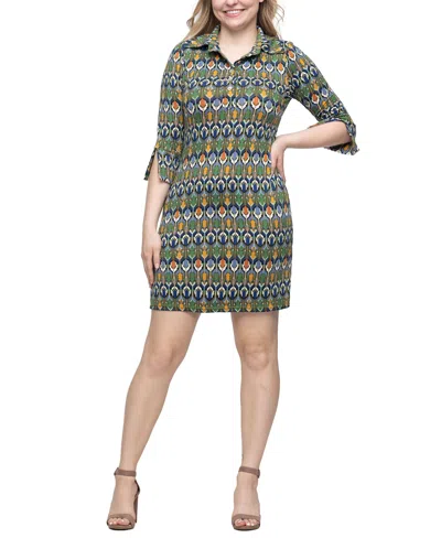 24seven Comfort Apparel Women's Green Print Three Quarter Sleeve Mini Dress In Green Multi