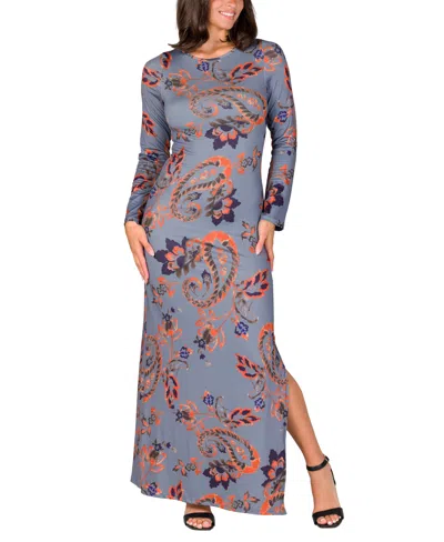 24seven Comfort Apparel Women's Grey Long Sleeve Side Slit Fitted Maxi Dress In Grey Multi