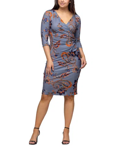 24seven Comfort Apparel Women's Grey Print Three Quarter Sleeve Wrap Dress In Grey Multi