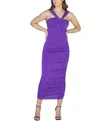 24seven Comfort Apparel Halter Cross Neck Ruched Bodycon Mid Dress In Purple