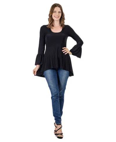 24seven Comfort Apparel Women's Long Bell Sleeve High Low Tunic Top In Black