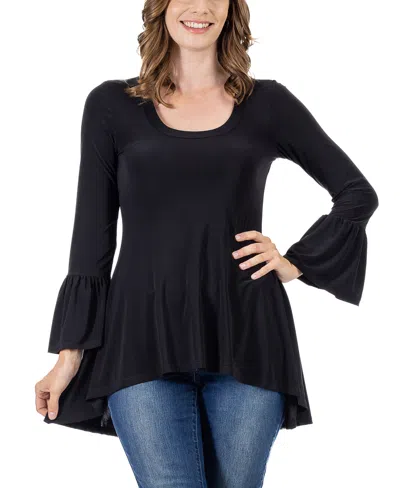 24seven Comfort Apparel Women's Long Bell Sleeve High Low Tunic Top In Black