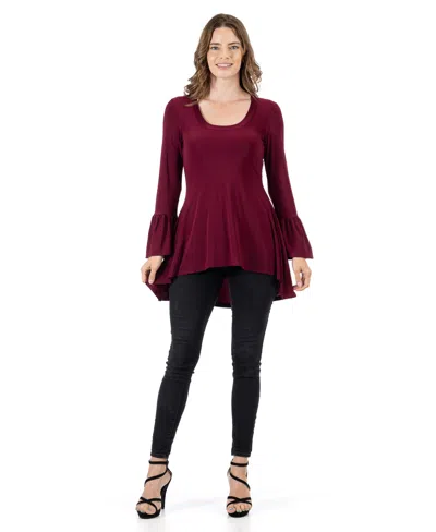 24seven Comfort Apparel Women's Long Bell Sleeve High Low Tunic Top In Burgundy