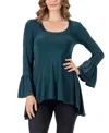 24seven Comfort Apparel Plus Size Long Bell Sleeve High Low Tunic Top In Hunter