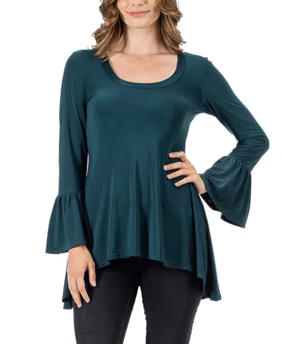 24seven Comfort Apparel Plus Size Long Bell Sleeve High Low Tunic Top In Hunter