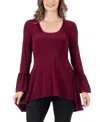 24seven Comfort Apparel Women's Long Bell Sleeve High Low Tunic Top In Wine