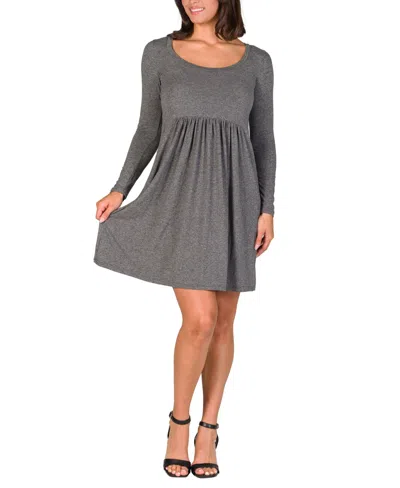 24seven Comfort Apparel Long Sleeve Babydoll Knee Length Dress In Gray