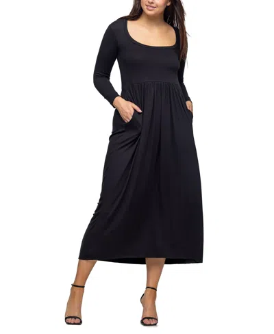 24seven Comfort Apparel Women's Long Sleeve Empire Waist Pocket Maxi Dress In Black
