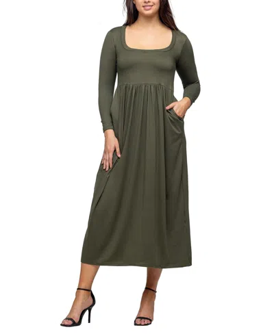 24seven Comfort Apparel Women's Long Sleeve Empire Waist Pocket Maxi Dress In Olive
