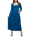 24seven Comfort Apparel Long Sleeve Empire Waist Pocket Maxi Dress In Blue