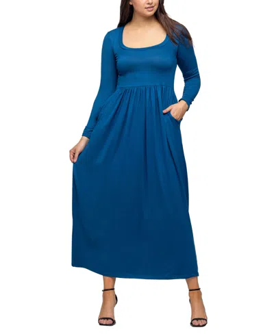 24seven Comfort Apparel Women's Long Sleeve Empire Waist Pocket Maxi Dress In Teal