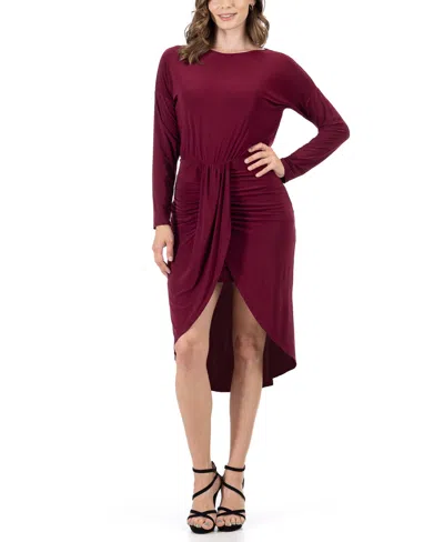 24seven Comfort Apparel Long Sleeve Dressy Tulip Skirt Knee Length Dress In Burgundy