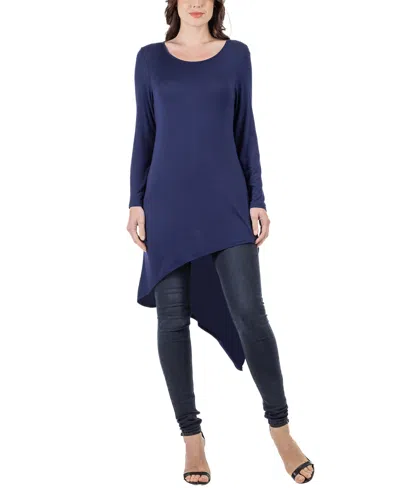 24seven Comfort Apparel Women's Long Sleeve Knee Length Tunic Top In Navy