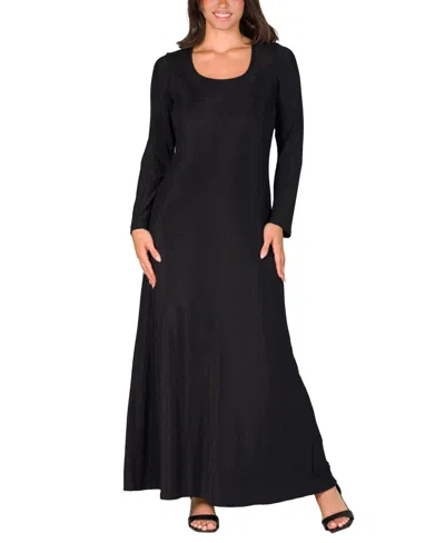 24seven Comfort Apparel Women's Long Sleeve Scoop Neck Shimmery Fabric Maxi Dress In Black