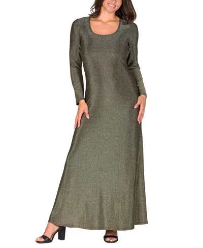 24seven Comfort Apparel Women's Long Sleeve Scoop Neck Shimmery Fabric Maxi Dress In Gold