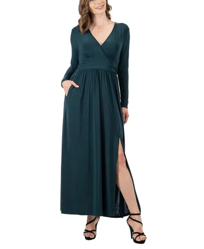 24seven Comfort Apparel Women's Long Sleeve V-neck Side Slit Maxi Dress In Hunter