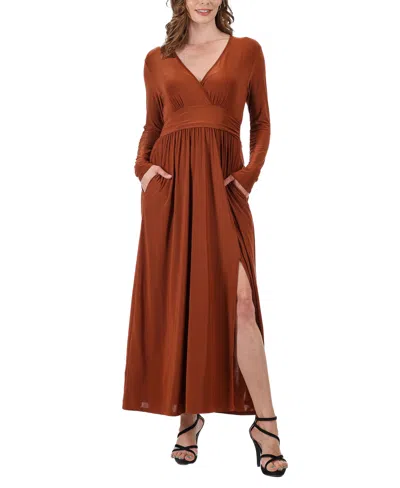 24SEVEN COMFORT APPAREL WOMEN'S LONG SLEEVE V-NECK SIDE SLIT MAXI DRESS