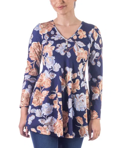 24seven Comfort Apparel Women's Long Sleeve V-neck Tunic Top In Blue