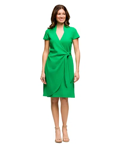 24SEVEN COMFORT APPAREL WOMEN'S MANDARIN COLLAR KNEE LENGTH WRAP DRESS