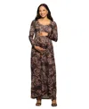 24seven Comfort Apparel Floral Long Sleeve Scoop Neck Maxi Dress In Brown