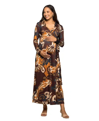 24SEVEN COMFORT APPAREL WOMEN'S MATERNITY BROWN PAISLEY EMPIRE WAIST MAXI DRESS