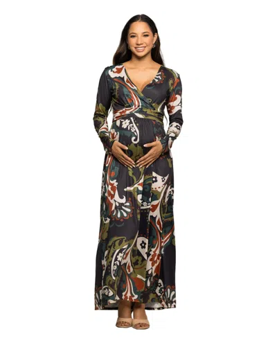 24SEVEN COMFORT APPAREL WOMEN'S MATERNITY GREEN PAISLEY PRINT LONG SLEEVE WRAP MAXI DRESS