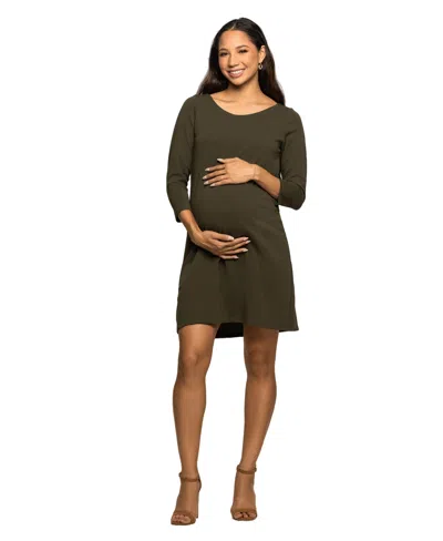 24seven Comfort Apparel Women's Maternity Three Quarter Sleeve A Line Dress In Green