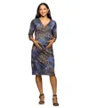 24seven Comfort Apparel Three Quarter Sleeve Faux Wrap Dress In Blue
