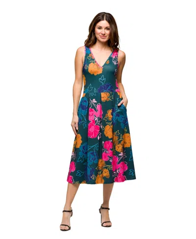 24seven Comfort Apparel Women's Midi Length Blue Floral Print Sleeveless Pleated Pocket Dress In Multi