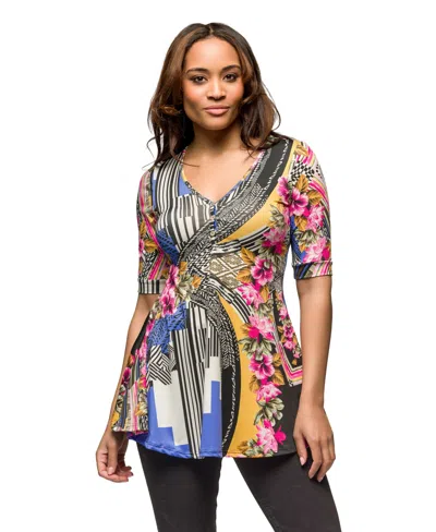 24seven Comfort Apparel Women's Multicolor Floral Print Elbow Sleeve V-neck Henley Tunic Top In Blue Multi