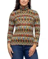 24seven Comfort Apparel Women's Multicolor Geo Pring Long Sleeve Turtleneck Top In Red Multi