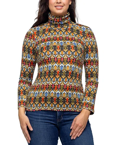 24seven Comfort Apparel Women's Multicolor Geo Pring Long Sleeve Turtleneck Top In Red Multi