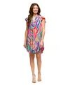 24seven Comfort Apparel Multicolor Print V-neck Cap Sleeve Knee Length Pocket Dress In Multi
